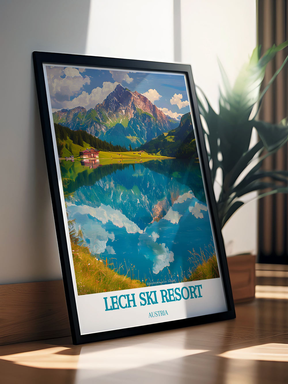 Elegant Zursersee Lake framed print featuring the serene landscape of the Austrian Alps. This modern art piece adds a touch of sophistication to any room. The detailed depiction of Zursersee Lakes pristine waters and majestic surroundings makes it a perfect choice for stylish home decor.