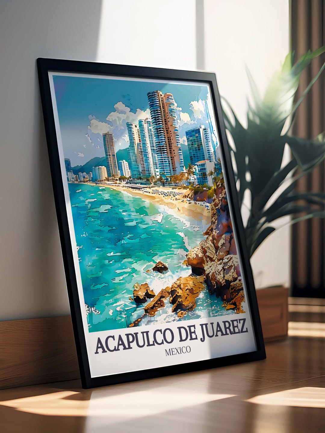Playa Condesas golden sands and vibrant atmosphere are beautifully depicted in this poster, inviting viewers to explore the lively beach scene of Acapulco de Juárez.