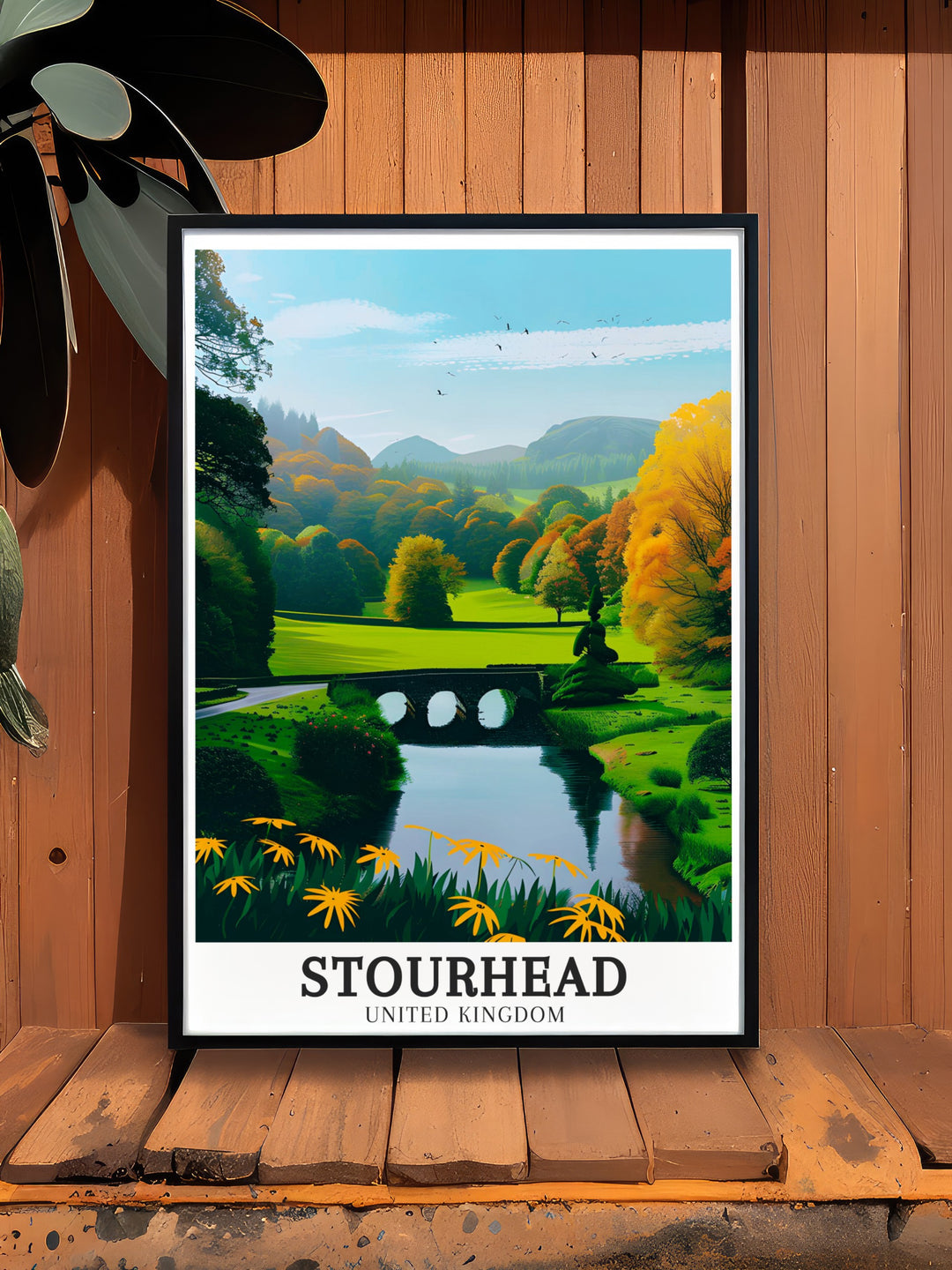 Stourhead Wall Decor showcasing the National Trusts historic Palladian Bridge, a beautiful representation of 18th century English landscape gardening, perfect for adding a touch of elegance to any room.