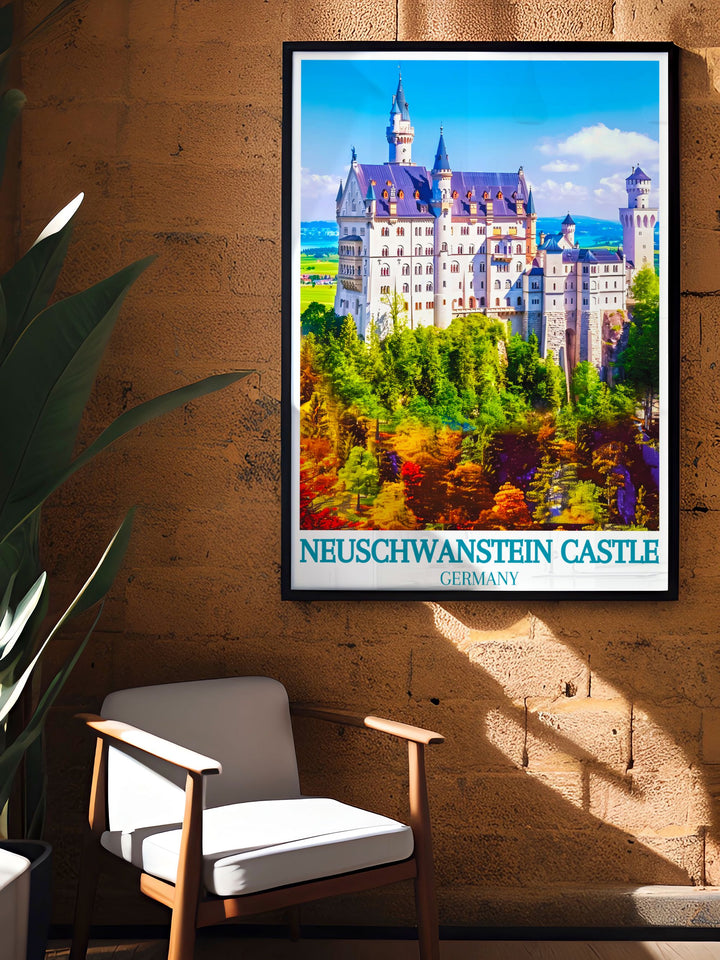 The picturesque Neuschwanstein Castle and the dramatic scenery viewed from Marienbrücke are depicted in this detailed travel poster, ideal for bringing a piece of Bavarias natural and cultural richness into your home.