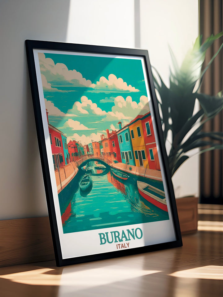 Charming Burano painting depicting the colorful buildings and Canals and Bridges of Burano. This wall art adds a splash of color and a touch of Venice to your home decor making it an eye catching centerpiece in any space.