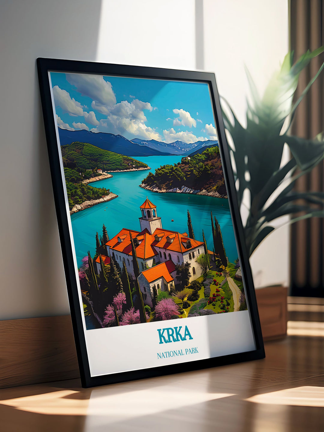 Elegant framed print of Visovac Island showcasing the peaceful environment of Krka Park with its picturesque scenery and serene lake views