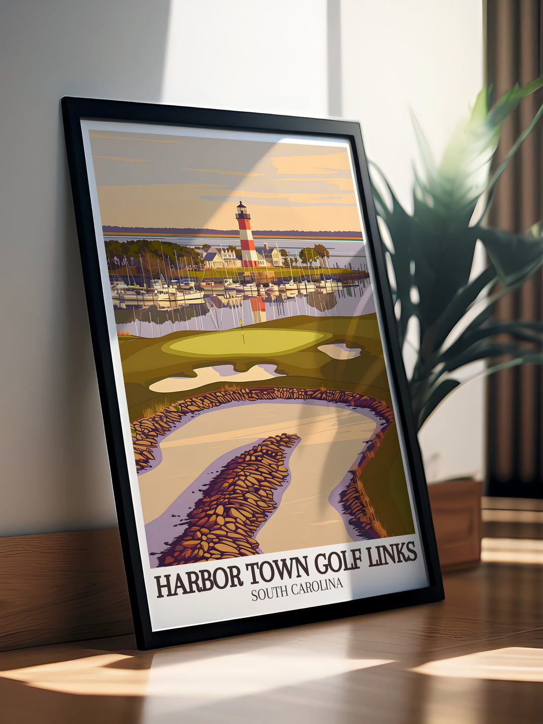 Our 18th Hole travel print offers a detailed view of Harbor Towns iconic golf hole, with the vibrant scenery of Sea Pines Resort. This canvas art makes a perfect addition to any golfers home, celebrating one of the most famous golf holes in the world.