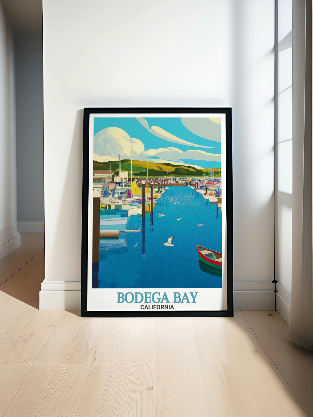 Bodega Bay Marina poster showcasing the vibrant atmosphere and scenic beauty of the marina in Bodega Bay. Perfect for California travel enthusiasts and those who appreciate Bodega Bay decor in their homes.