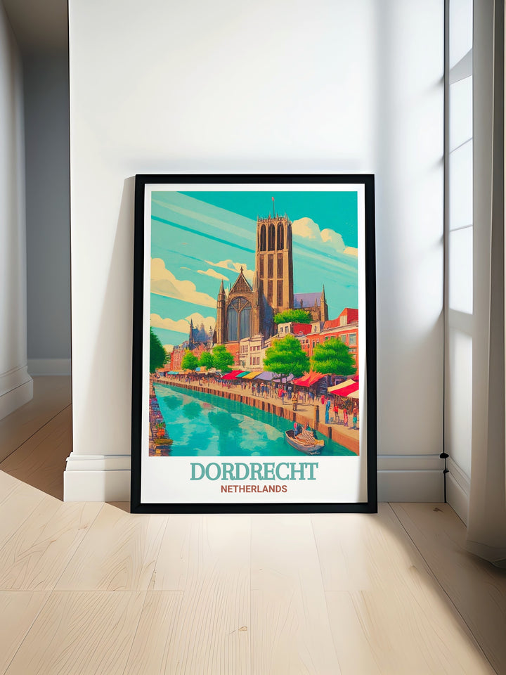 Netherlands travel poster showcasing the timeless beauty of Grote Kerk in Dordrecht, capturing the churchs grandeur and historical importance. This print is an excellent way to bring a touch of Dutch history and culture into your living space.