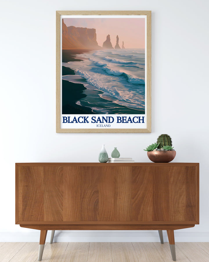 Basalt Rock Columns Vintage Poster highlighting the timeless beauty of Icelands Reynisfjara, where the basalt columns rise majestically from the Black Sand Beach. This vintage poster brings a sense of mystery and wonder to any decor