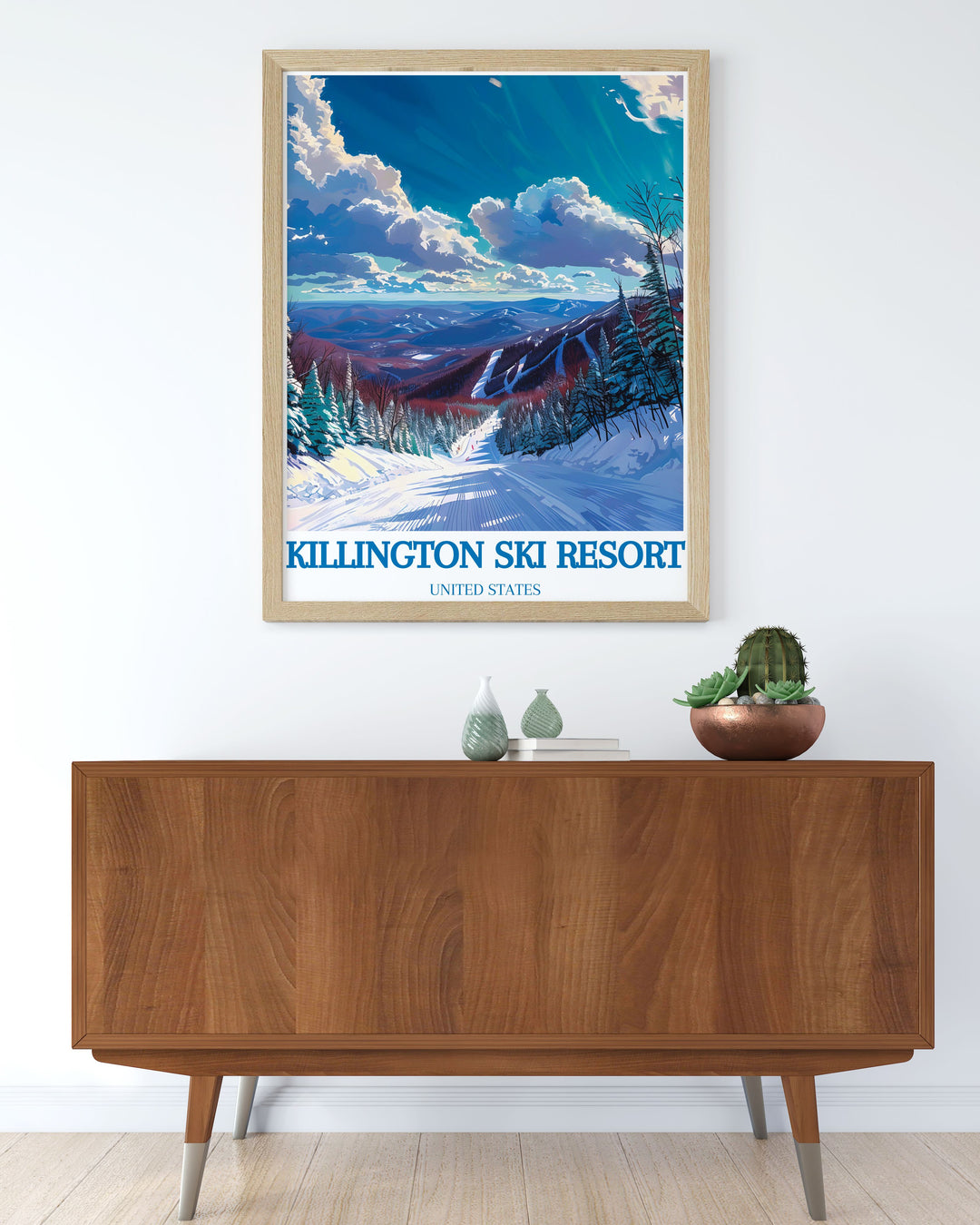 Killington Peak captured in a vibrant winter scene with snow covered trails and skiers enjoying the snowy slopes. This artwork highlights the beauty of the mountain landscape and the thrill of winter sports, making it a perfect choice for enhancing home or office spaces.