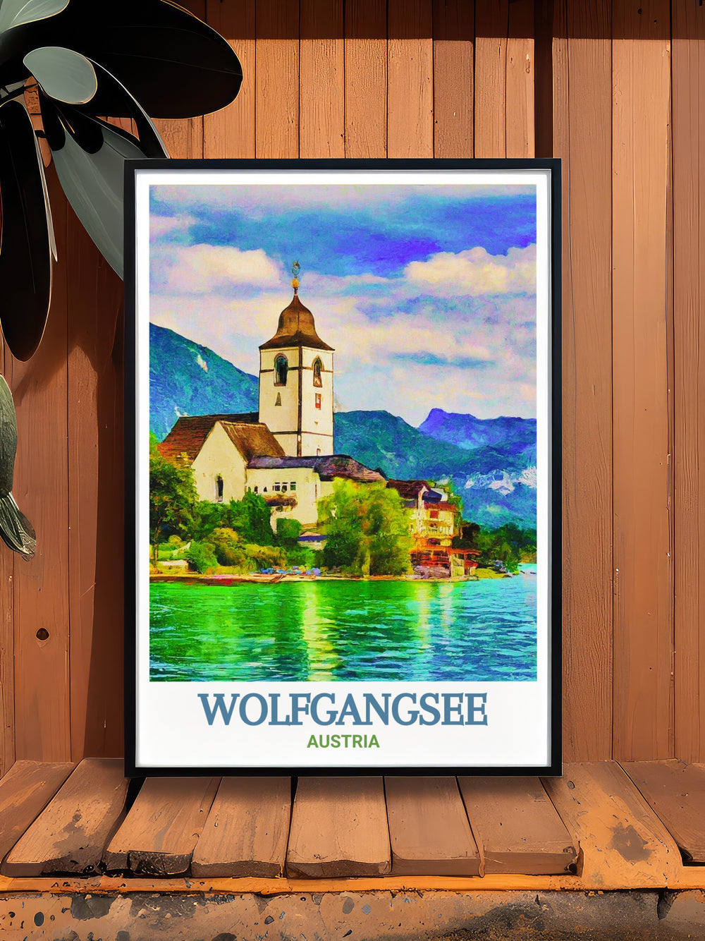 Wolfgangsee and St. Wolfgang Church travel art capturing the iconic landmarks in vibrant detail. This print brings the beauty of Austrias natural and architectural landscapes into your living space, making it a perfect gift for friends and family who love to travel and explore.