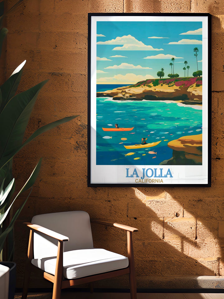 La Jolla Wall Art highlights the beauty of Californias famous La Jolla Cove, featuring tranquil waters and dramatic cliffs. This finely crafted print is perfect for those seeking coastal decor or a travel inspired art piece to celebrate the beauty of the Pacific Coast.