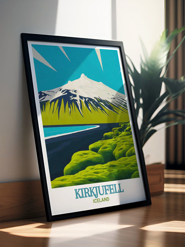 Iceland Wall Print showcasing the dramatic contrast of Icelands landscapes, with Kirkjufells sharp peak and the expansive views of Snæfellsjökull National Park. This wall print is designed to bring the stunning beauty of Icelands natural scenery into any interior space, making it perfect for those who appreciate bold and striking artwork.