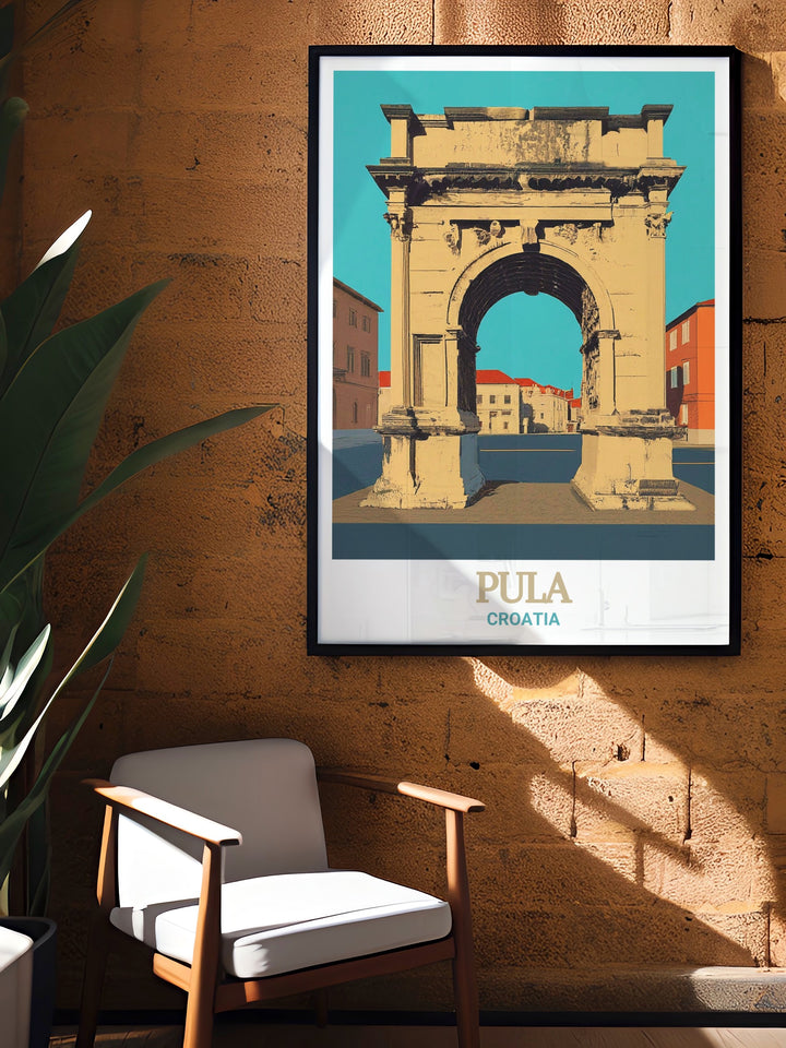 A detailed art print showcasing the Arch of the Sergii in Pula, Croatia. This Roman triumphal arch, with its intricate carvings and historical significance, is beautifully captured in this artwork, making it a perfect addition to any room that appreciates classical architecture and ancient history.