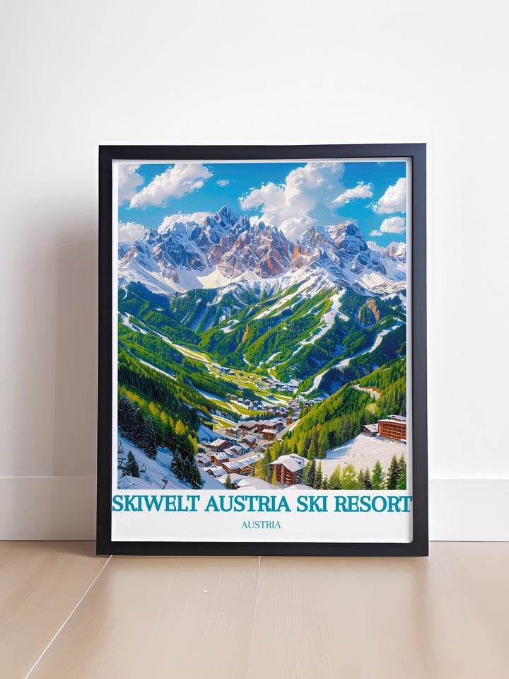 Add a touch of alpine charm to your living room with this Ellmau Wall Art featuring the SkiWelt Austria Ski Resort. The vintage ski poster design is perfect for creating a cozy atmosphere in any space, making it a top choice for Ellmau modern decor enthusiasts.