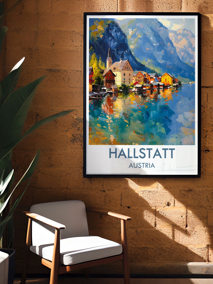 Showcasing the timeless beauty of Hallstatt, this travel poster captures the villages serene setting and historic charm, bringing Austrias fairy tale village into your home.