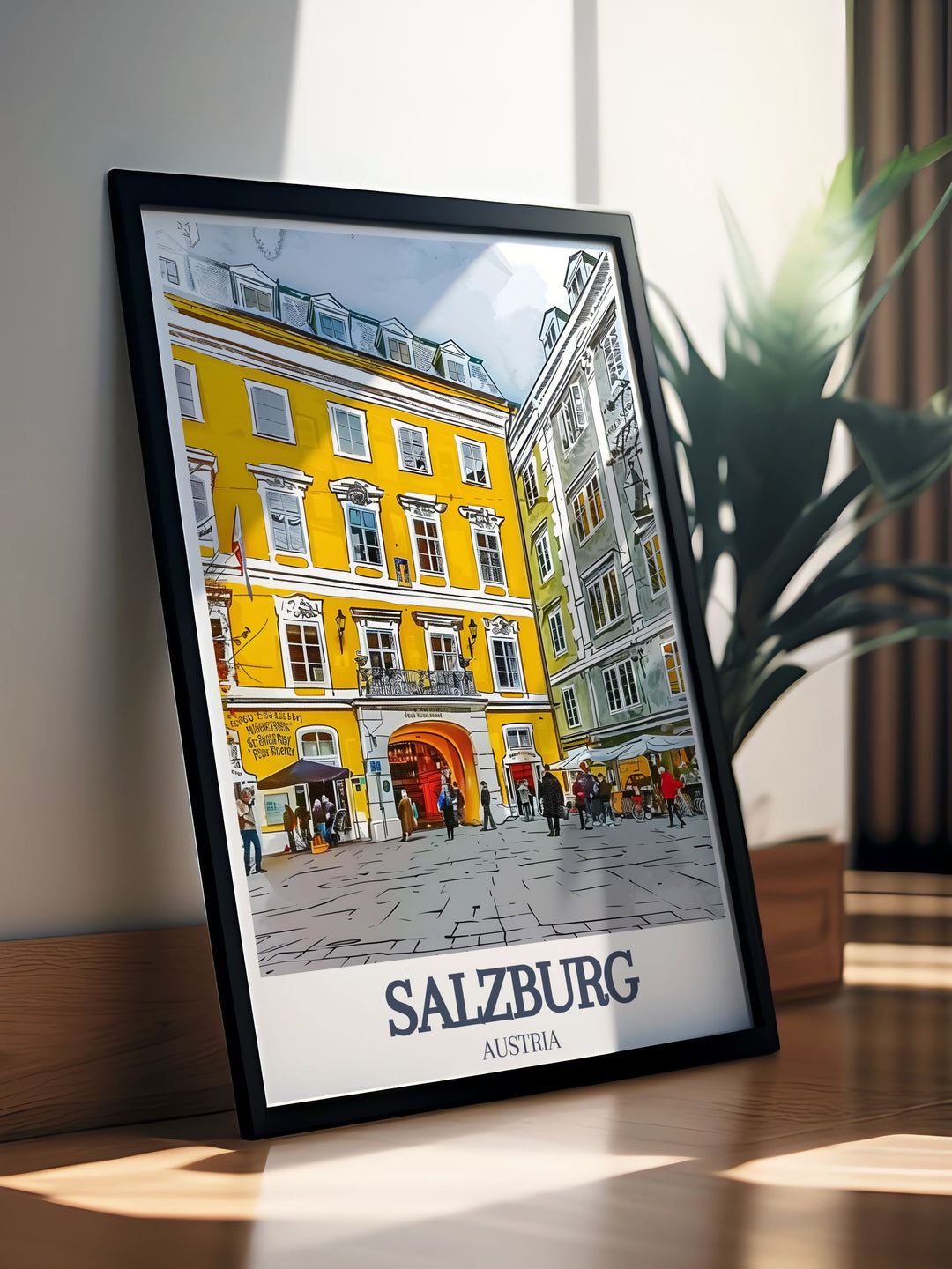 Salzburg travel print featuring Mozarts Birthplace and Getreidegasse offers a unique fine line design. Perfect for modern and traditional interiors this Salzburg wall art adds sophistication and cultural charm to any living space.