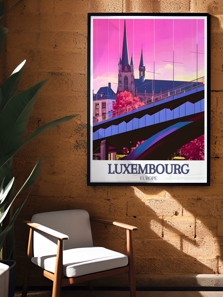 Notre Dame Cathedral Poster Print features the stunning facade of the cathedral alongside the Adolphe Bridge, showcasing the beauty of Luxembourg. This travel print is ideal for adding a touch of European charm to your home or office, making it an elegant decor choice.