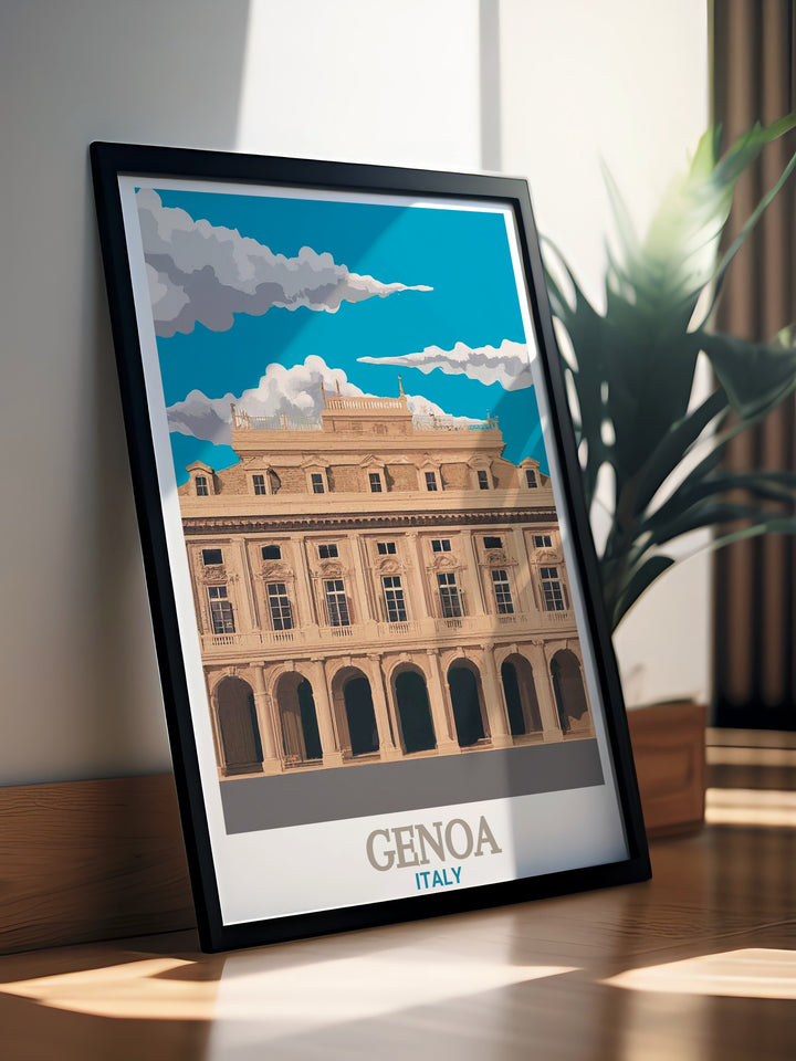 This wall art depicts the stunning Palazzo Ducale, one of Genoas most important landmarks. With detailed artistry, this print makes an excellent addition to your living space and celebrates the beauty of Italy.