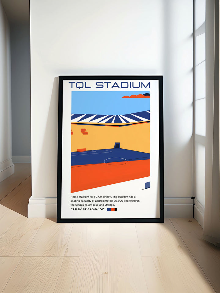 This vibrant FC Cincinnati poster showcases the energy of Major League Soccer featuring TQL Stadium and the skillful performances of Luciano Acosta and Brenner a perfect addition for any soccer fan.