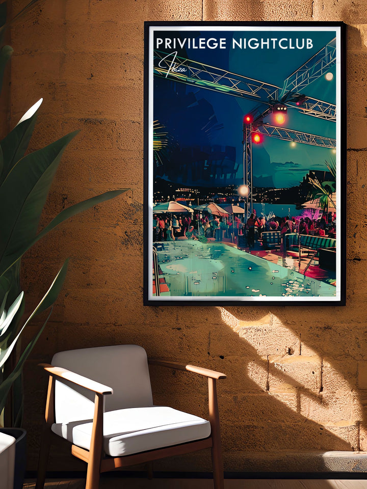 Vista club framed prints offering a polished and sophisticated look featuring colorful scenes from Ibizas famous nightclubs perfect for contemporary home decor and stylish wall art