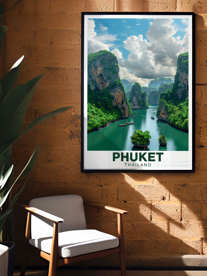 Modern Phang Nga Bay prints showcasing the beauty and excitement of this popular Thai destination ideal for adding contemporary travel art to your decor perfect for creating a lively and inspiring environment