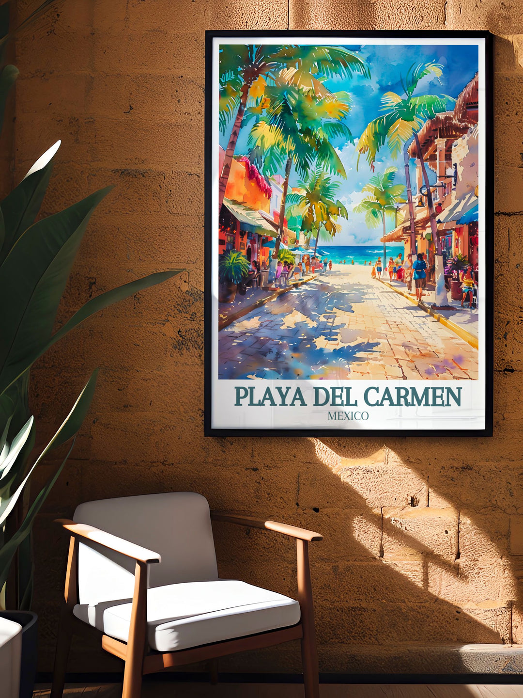 Playa Carmen artwork showcasing the vibrant La Quinta Avenida and the serene Caribbean Sea perfect for adding a touch of tropical beauty to your home decor ideal for those who love Mexican culture and coastal landscapes.