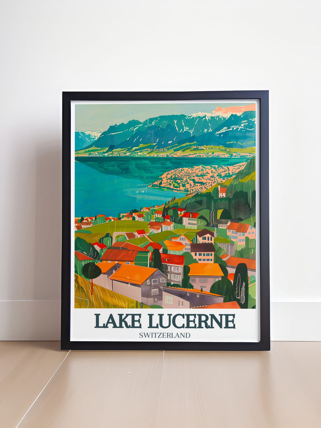 Beautiful Lake Lucerne artwork featuring Lucerne Old Town and Swiss Alps combines the charm of Swiss architecture with the grandeur of nature. This Switzerland art piece is an ideal decor choice for those who appreciate both history and breathtaking landscapes.