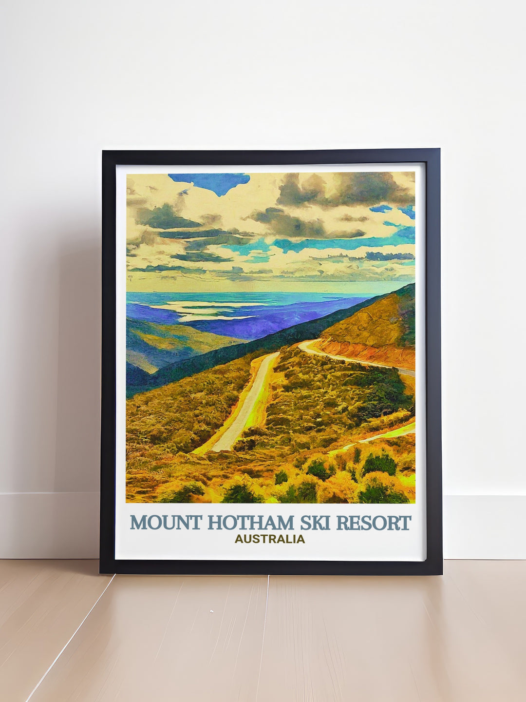 Featuring the snow capped peaks of Mount Hotham and the winding roads of the Great Alpine Road, this wall poster offers a striking view of Australias alpine region. Perfect for anyone who loves winter sports and scenic landscapes.