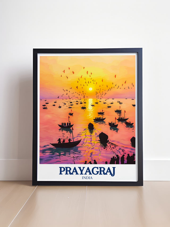 Canvas art of Prayagrajs Triveni Sangam, a site of immense spiritual importance. This piece beautifully illustrates the confluence of Indias sacred rivers, making it an ideal addition to any space that seeks to reflect the rich spiritual heritage of India.