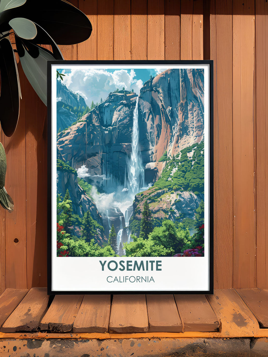 Half Dome, with its majestic presence and smooth granite surface, is the focal point of this Yosemite travel poster, creating a serene and inspiring piece for any nature themed decor.