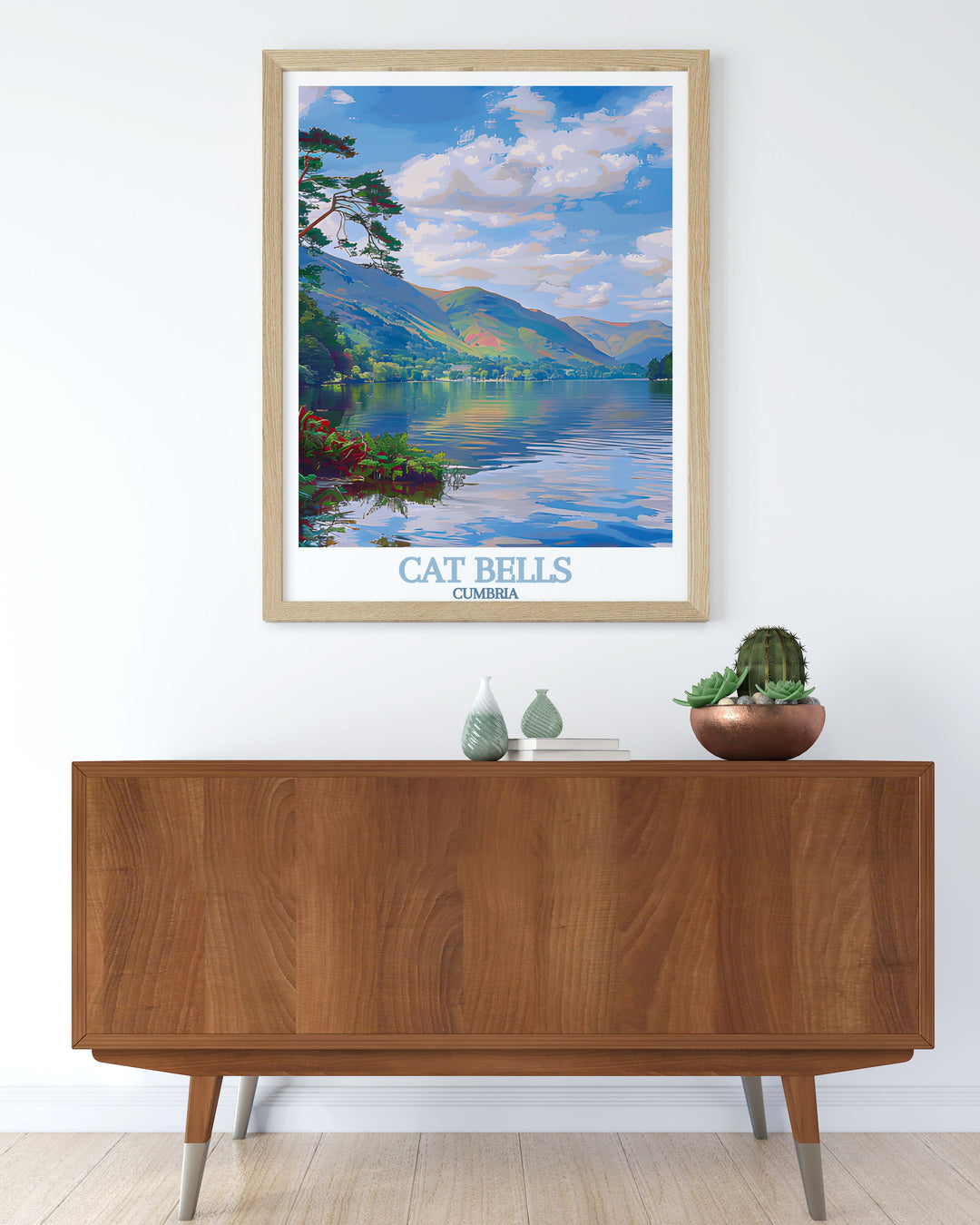 Discover the beauty of Derwentwater with our detailed and vibrant prints perfect for wall decor this travel poster brings the stunning scenery of Cat Bells Cumbria into your home making it an excellent gift for hikers and nature lovers.