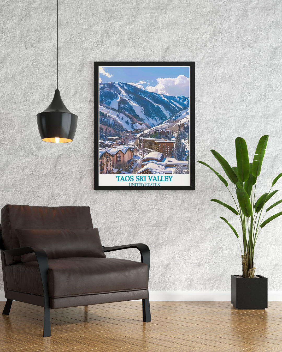 Embrace the winter wonderland of Taos with this travel poster, depicting the resort centers breathtaking views and thrilling slopes.