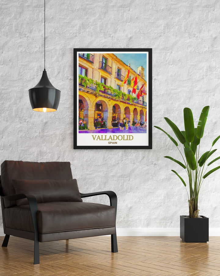 Transform your living space with this vibrant wall art of Valladolids Plaza Mayor. The colorful buildings and historical significance of this landmark are captured in this travel print, offering a timeless piece of Spanish culture for your home or as a unique gift.