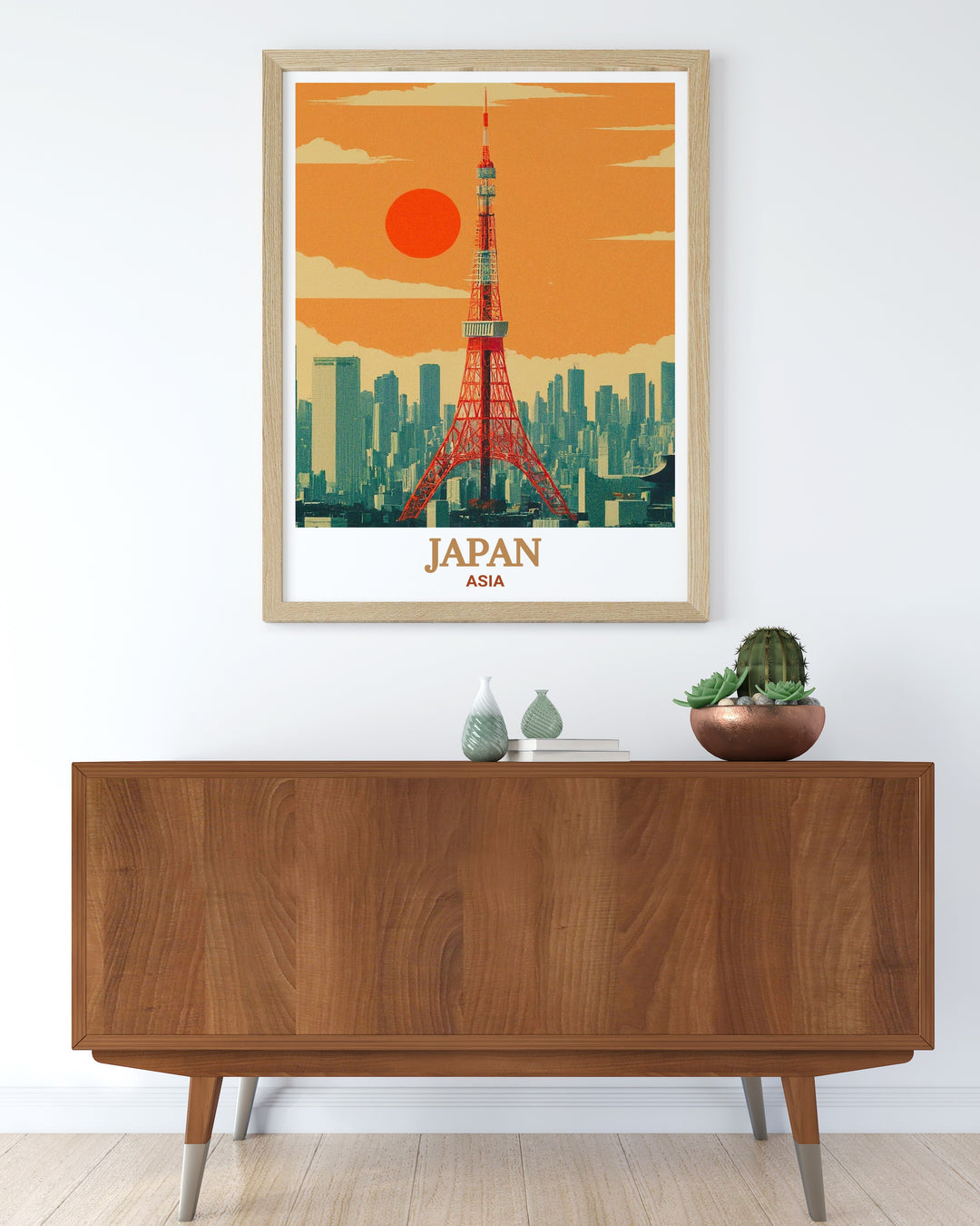 Highlighting Tokyos most famous landmark, this travel poster of Tokyo Tower brings the iconic structure into your living room. The vibrant city lights and modern skyline make this a perfect wall decor for Japan enthusiasts and lovers of urban landscapes.