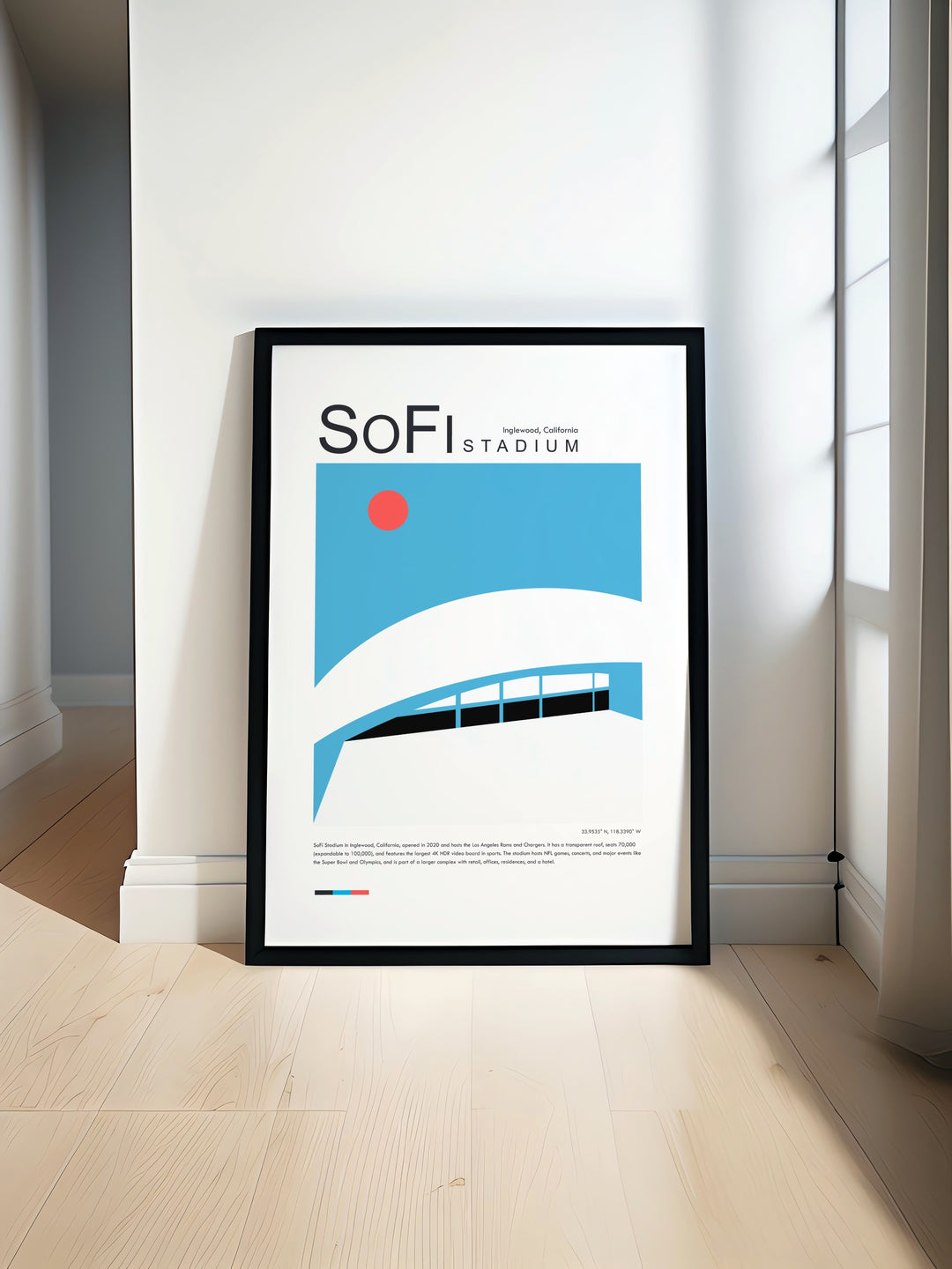 Experience the excitement of NFL games with this minimalist sports art poster featuring SoFi Stadium Los Angeles a perfect addition to any sports bedroom or office for dedicated LA Rams fans