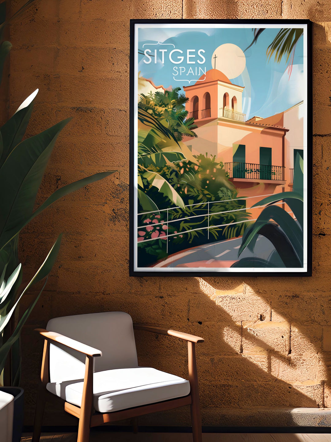 This vibrant travel poster captures the historic Church of Sant Bartomeu i Santa Tecla in Sitges, Spain. Perfect for lovers of Spains coastal beauty, this detailed artwork makes a stunning addition to any space, bringing the elegance of this iconic landmark into your home.