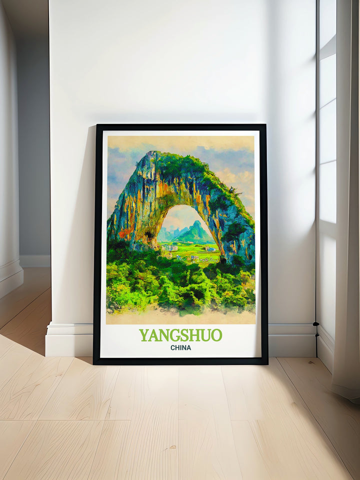 A vintage style travel print of Moon Hill in Yangshuo, highlighting the majestic limestone arch. This piece is an ideal gift for travelers or a stylish addition to your own home decor, bringing a touch of Chinas natural wonders into your space.