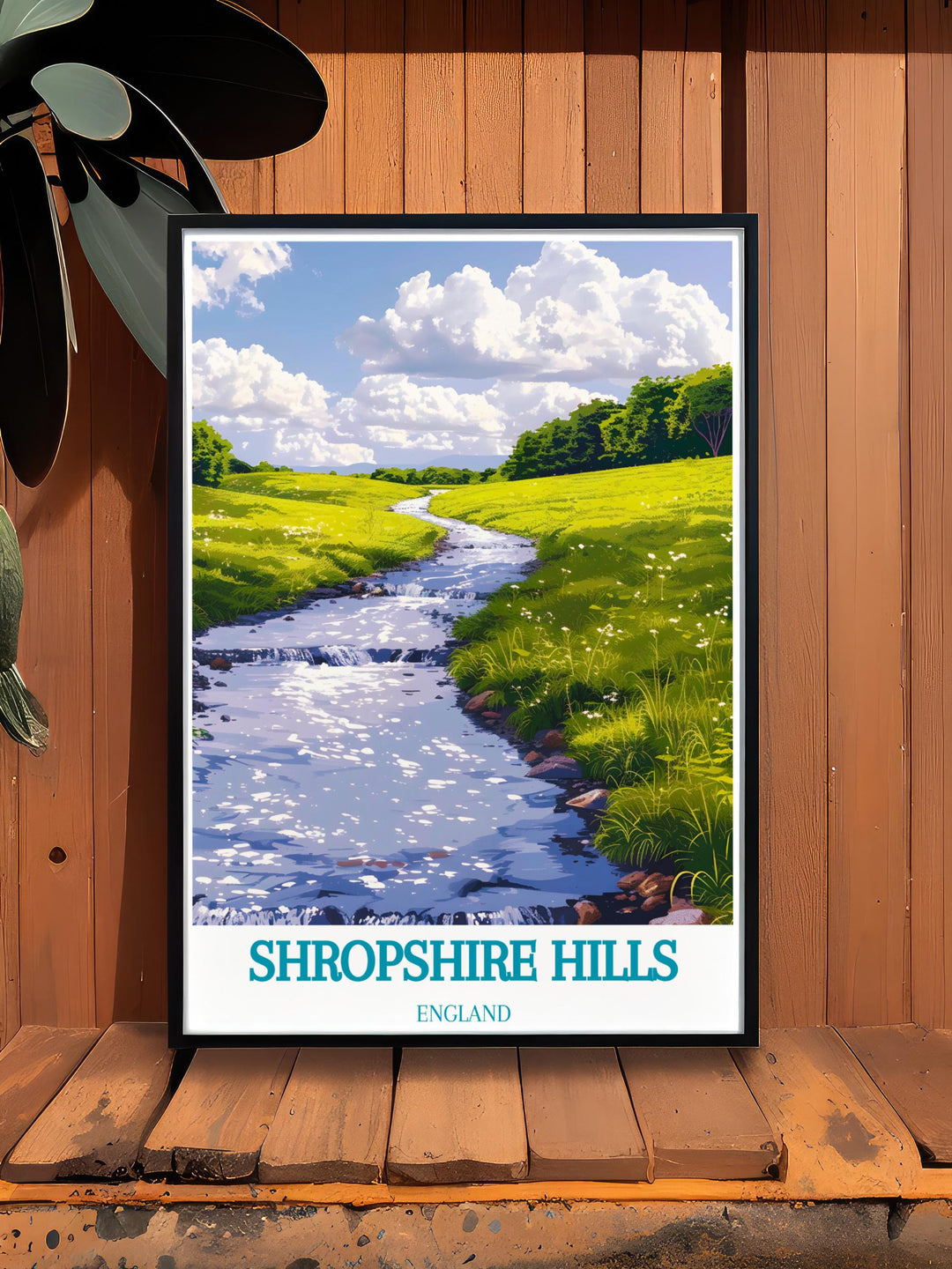 Retro Travel Poster of Shropshire Hills featuring Carding Mill Valley captures the peaceful essence of the Shropshire Hills AONB offering a beautiful reminder of this stunning region with its rolling hills and historic landmarks perfect for elegant home decor.