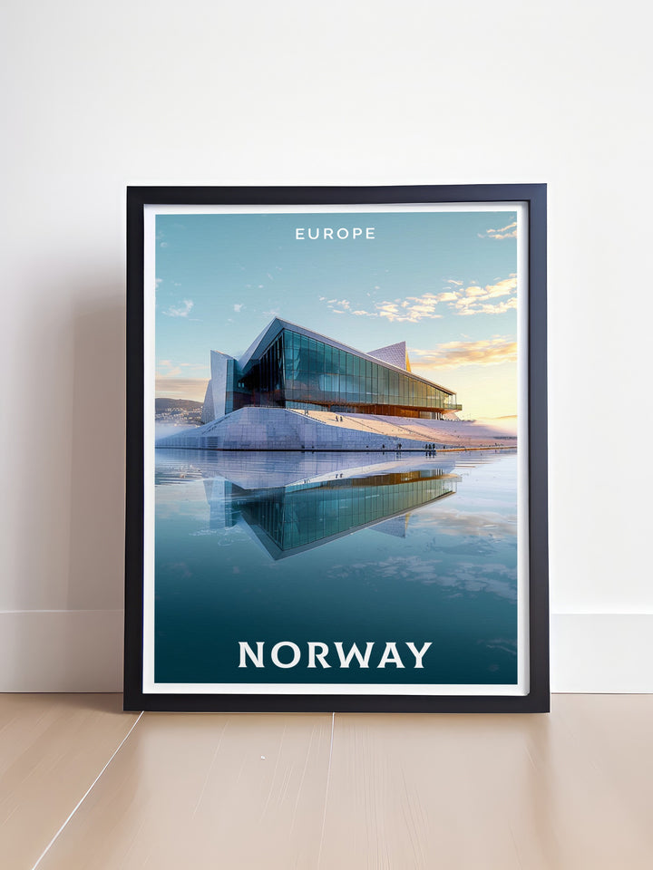 Norway home art featuring Flekkefjord and Norwegian mountains perfect for stylish wall hanging with Oslo Opera House Layout stunning living room decor