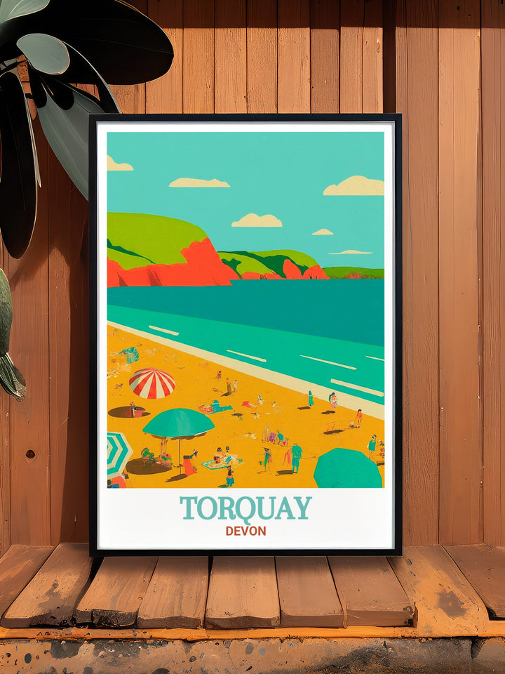 This beautifully detailed vintage travel print captures the serenity of Meadfoot Beach in Torquay, Devon. The poster showcases the crystal clear waters and rugged cliffs of the English Riviera, making it a perfect wall art addition for seaside lovers and travel enthusiasts.