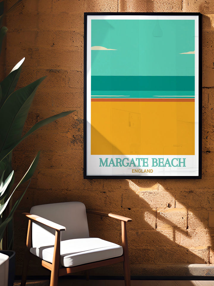 Our Margate Beach Print highlights the beauty of Margate Main Sands, paired with the historic charm of the towns harbor and seafront. This framed art is perfect for those looking to bring a piece of the UKs coastal beauty into their decor.