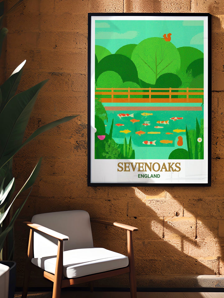 Wall poster of Sevenoaks Wildlife Reserve, England, featuring the scenic beauty of the reserves woodlands and wetlands. The detailed artwork captures the essence of the English countryside, making it a perfect addition to any room. Ideal for those who appreciate the blend of natural landscapes and biodiversity, this poster adds a touch of English charm to your decor.