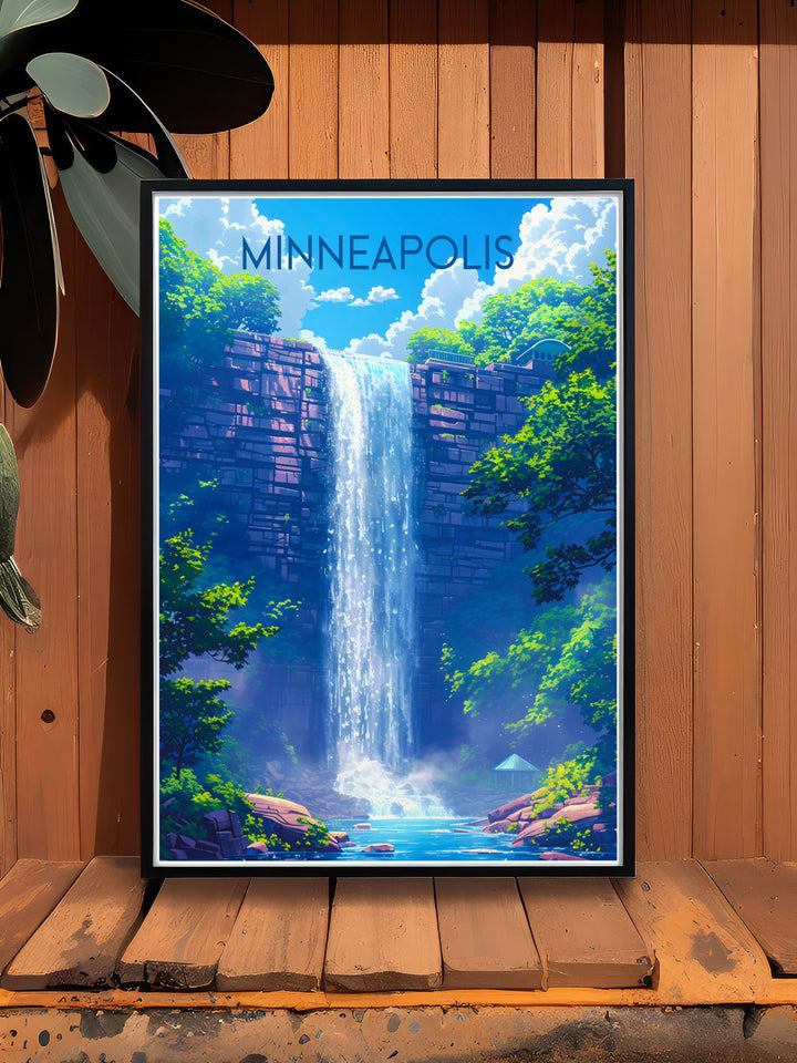 This detailed travel poster of Minneapolis illustrates the unique beauty of North Americas urban and natural landmarks, from vibrant cityscapes to serene waterfalls, ideal for any art lovers collection.