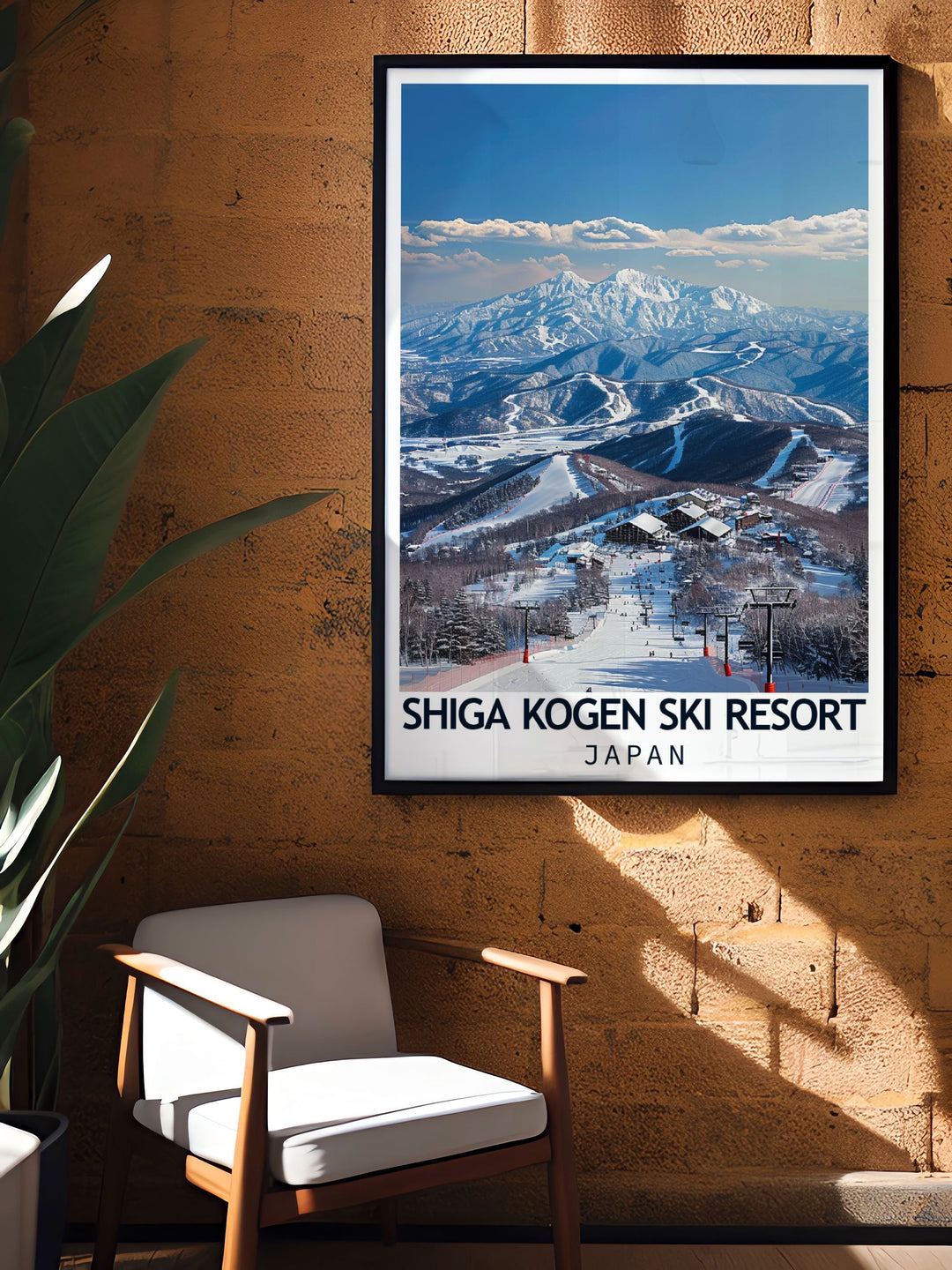 Bring the beauty of the Japanese Alps into your home with this detailed poster featuring Shiga Kogen, highlighting the vibrant winter sports culture and pristine slopes of Nagano, Japan.