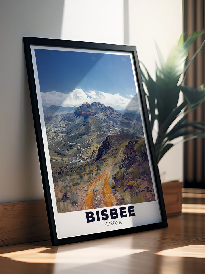 Mule Mountains artwork highlighting the scenic beauty of Bisbee Arizona. This stunning Arizona wall art makes the perfect gift for anyone who appreciates Arizonas unique landscapes and wants to bring that beauty into their home.