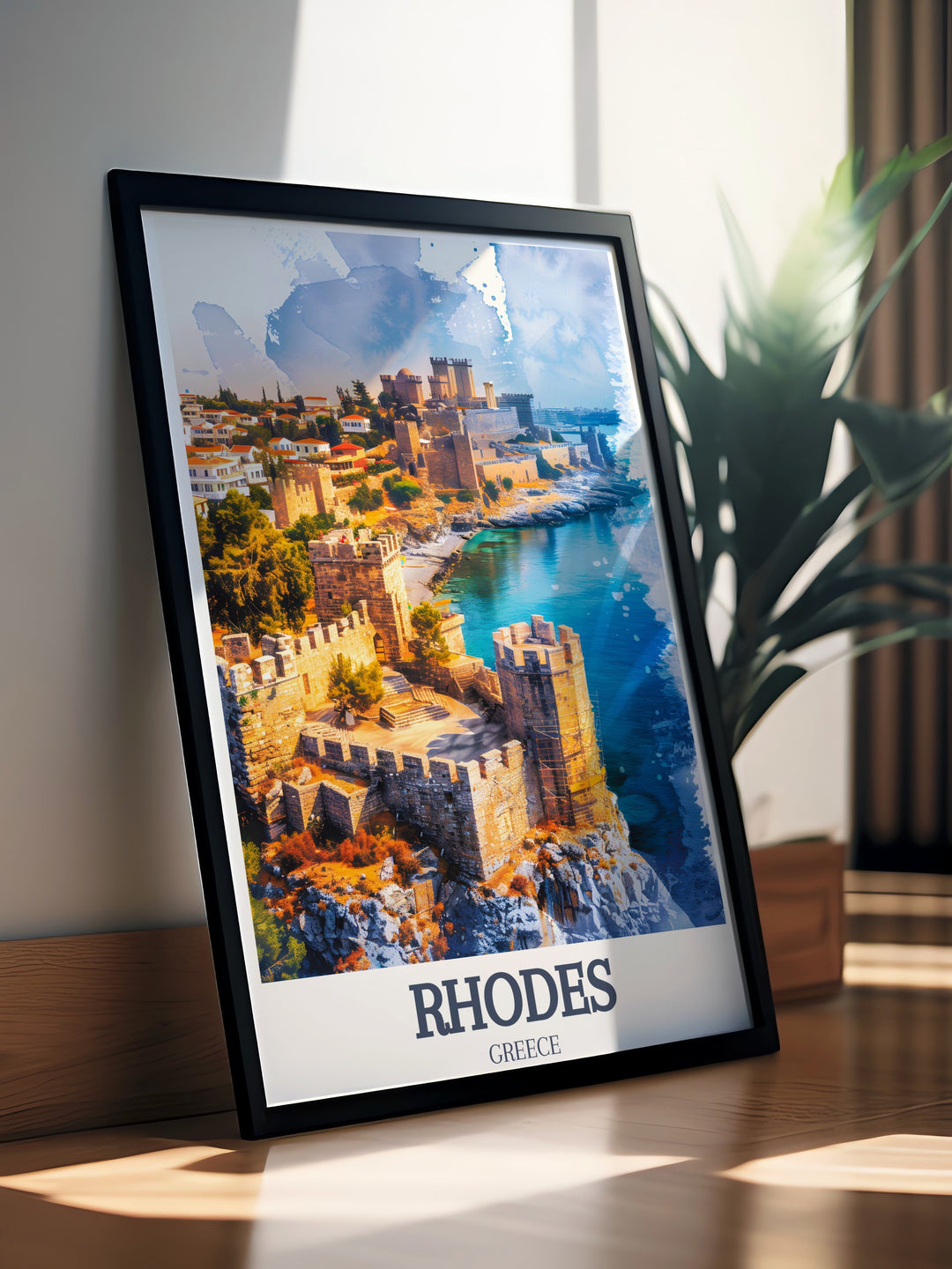 Rhodes Travel Poster featuring the medieval streets of the Old Town and the impressive Palace of the Grand Master. This print beautifully captures the islands historical landmarks, ideal for travel lovers and history enthusiasts.