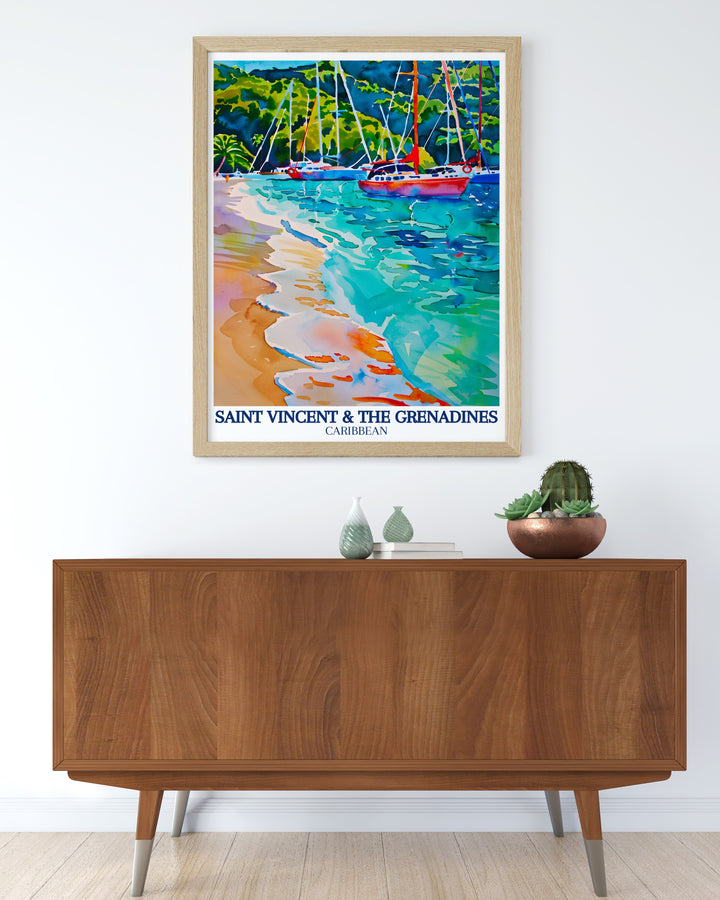 A beautiful art print of Saint Vincent, highlighting the breathtaking contrast of lush greenery and the deep blue Caribbean Sea. This Caribbean wall art brings the essence of island life into your space, perfect for beach lovers and ocean enthusiasts.