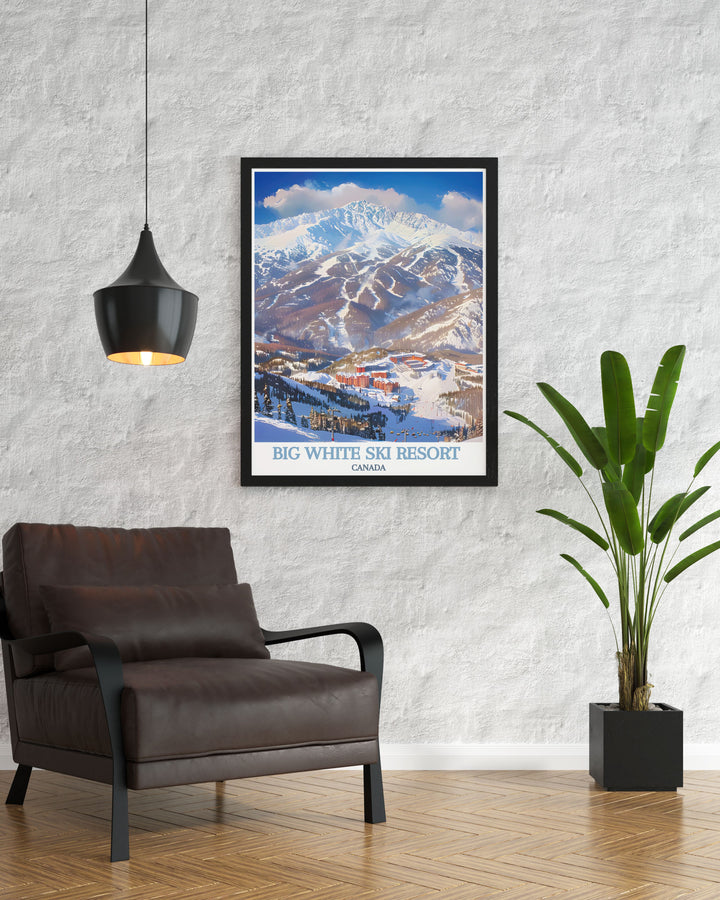 Art print of Big White Ski Resorts picturesque village and expansive terrain, capturing the essence of one of Canadas premier ski destinations, perfect for ski enthusiasts and nature lovers alike.