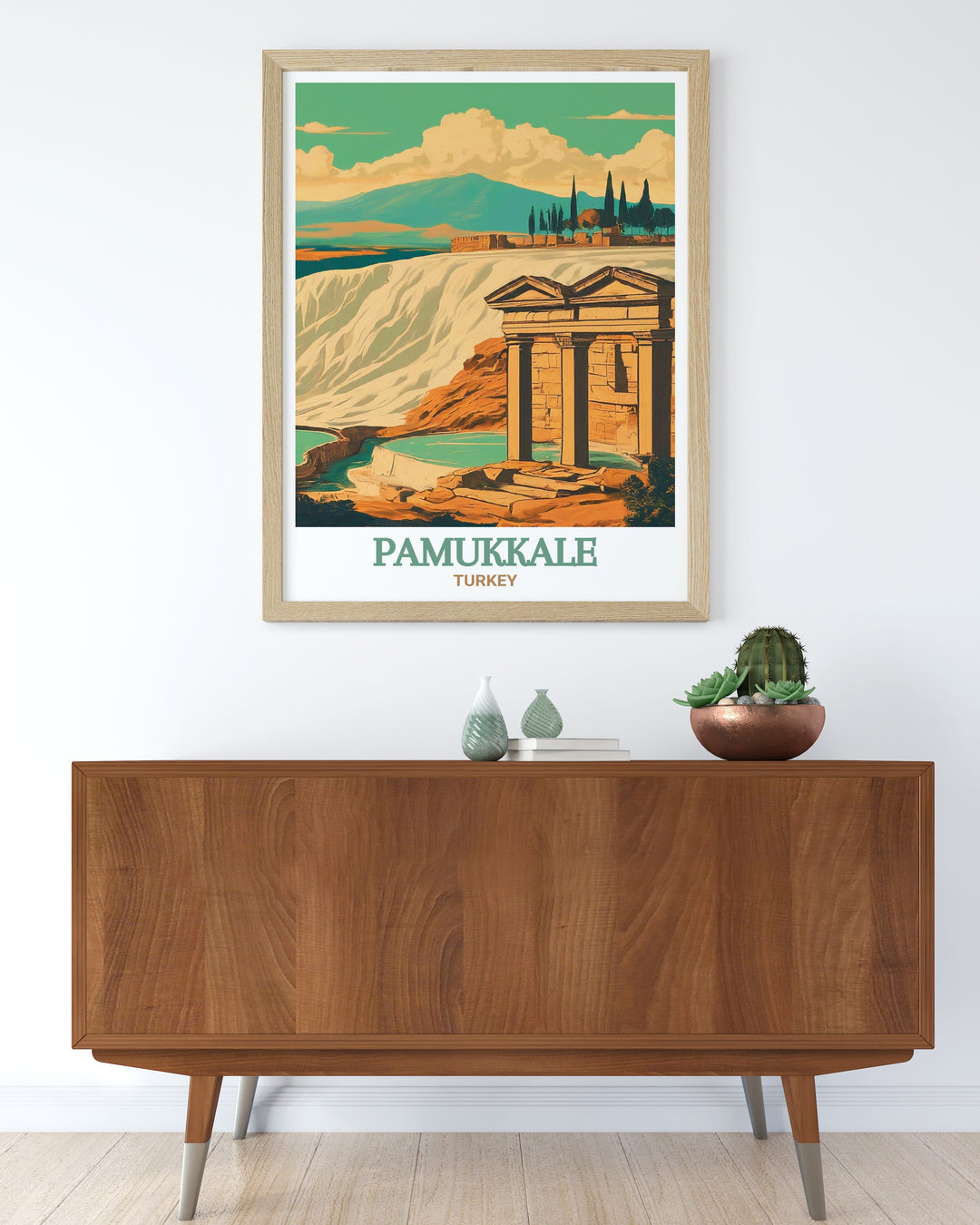 Bring the charm of Turkey into your home with this travel poster featuring Pamukkale and Hierapolis. The artwork highlights the best of both landmarks, ideal for anyone who loves the beauty and cultural richness of Turkey.