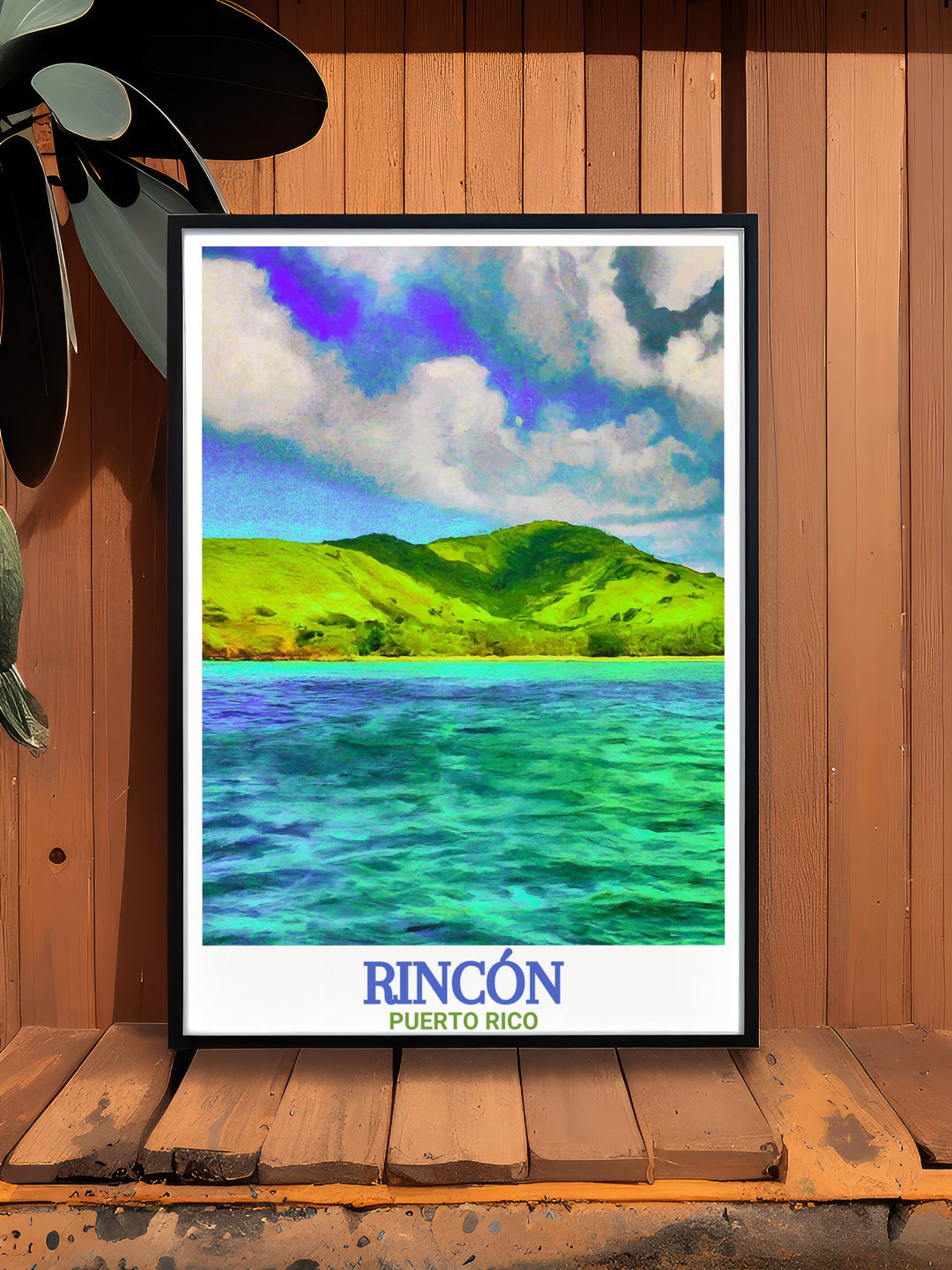 Detailed poster print of Rincón Beach in California, featuring the clear waters and golden sands that define the area. With a stunning view of Desecheo Island, this art piece captures the essence of coastal beauty and is perfect for any home or office looking for beach-themed décor.