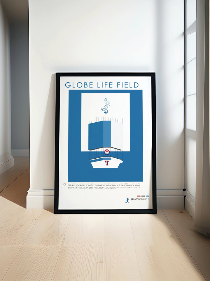 Texas Rangers travel poster featuring Leody Taveras Taylor Hearn and Luisangel Acuna captures the excitement of Globe Life Field perfect for adding a touch of sports pride to your home or office decor