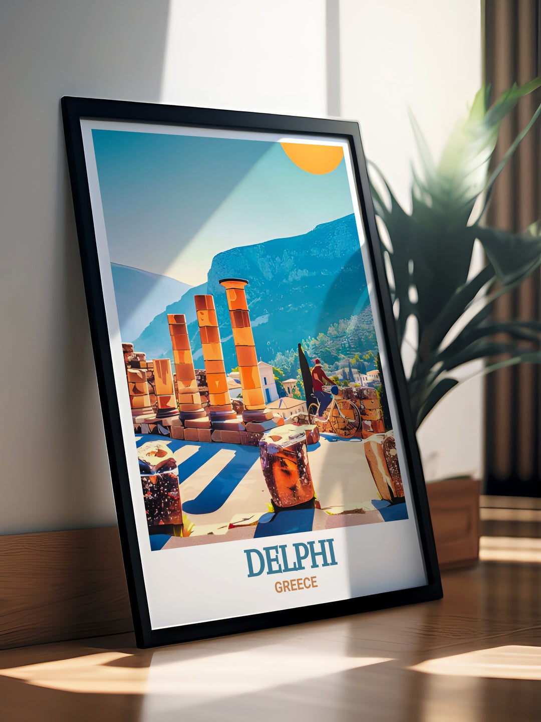 Delphi Greece wall art showcasing the breathtaking ruins of this ancient site, with the Temple of Apollo prominently featured. This travel print is a beautiful representation of Greeces rich cultural heritage, perfect for inspiring a love for history and mythology.